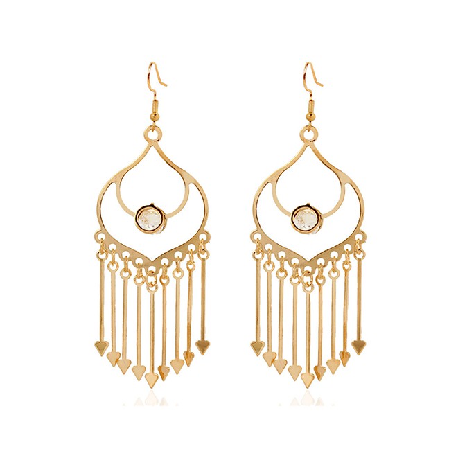 LRC Anting Gantung Fashion Golden Diamond Tasseled Geometric Alloy Earrings K44424