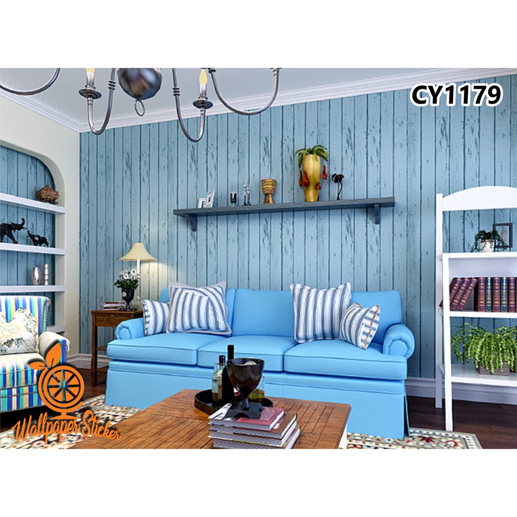 (COD) Wallpaper Stiker Dinding / Walpaper dinding Kamar Tidur Wallpaper Motif Salur Biru Vintage