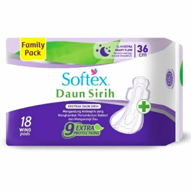 Softex Daun Sirih18 Pad Slim Heavy Flow 36cm + Antiseptic / Pembalut Wanita Ekstrak Daun Sirih 18 Pad