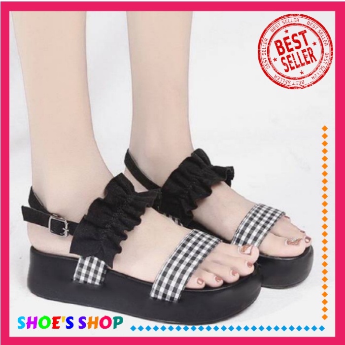 Shoe's Shop Sandal Wedges Wanita Tali Kerut Kotak-kotak 5 cm