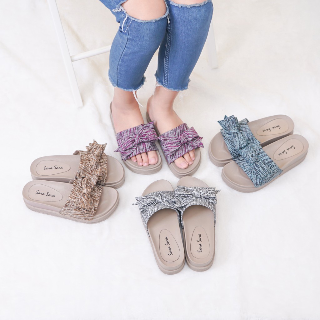 SARA SARA BARA sandal hak cewek 5 cm Sendal wedges wanita ringan nyaman casual slop bahan canvas kekinian