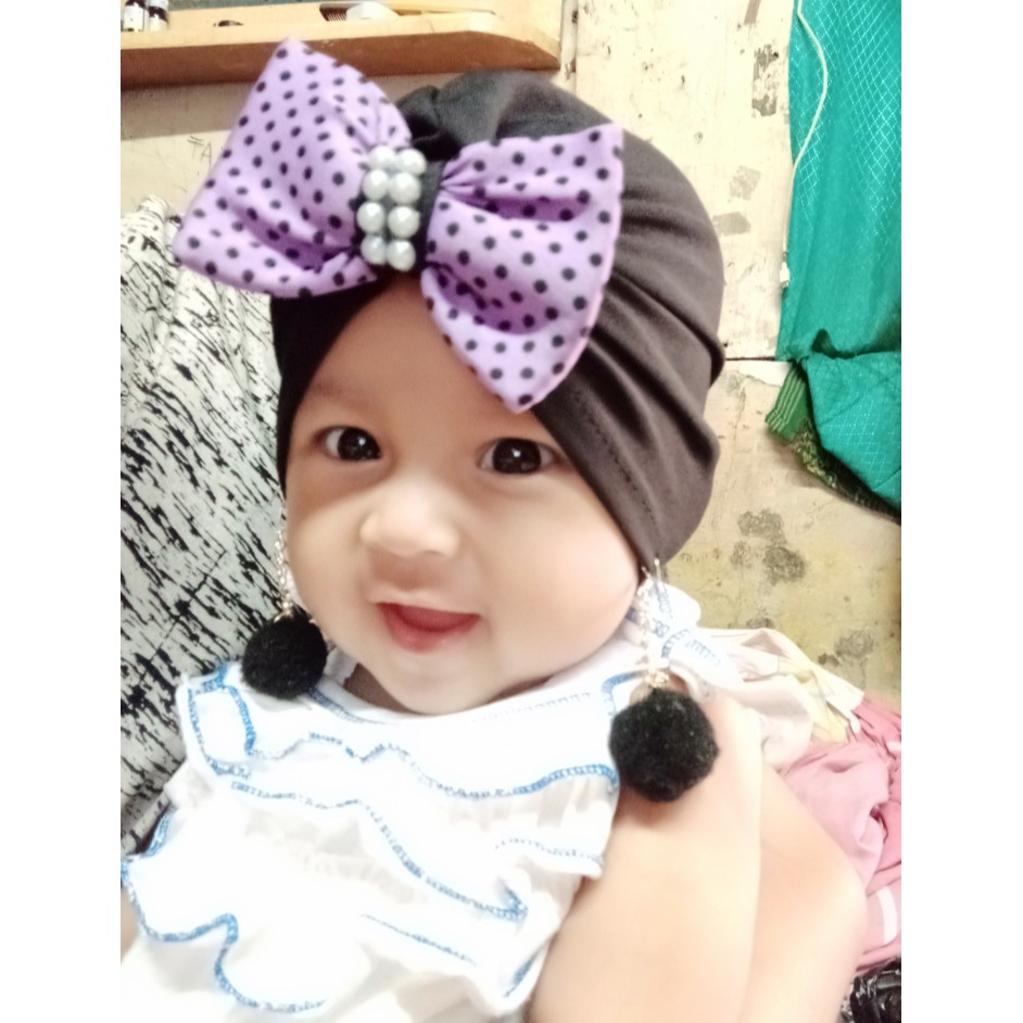 Turban anak bayi balita pita pompom/ Turban anak instan/ Turban anak murah/ Turban bayi lucu