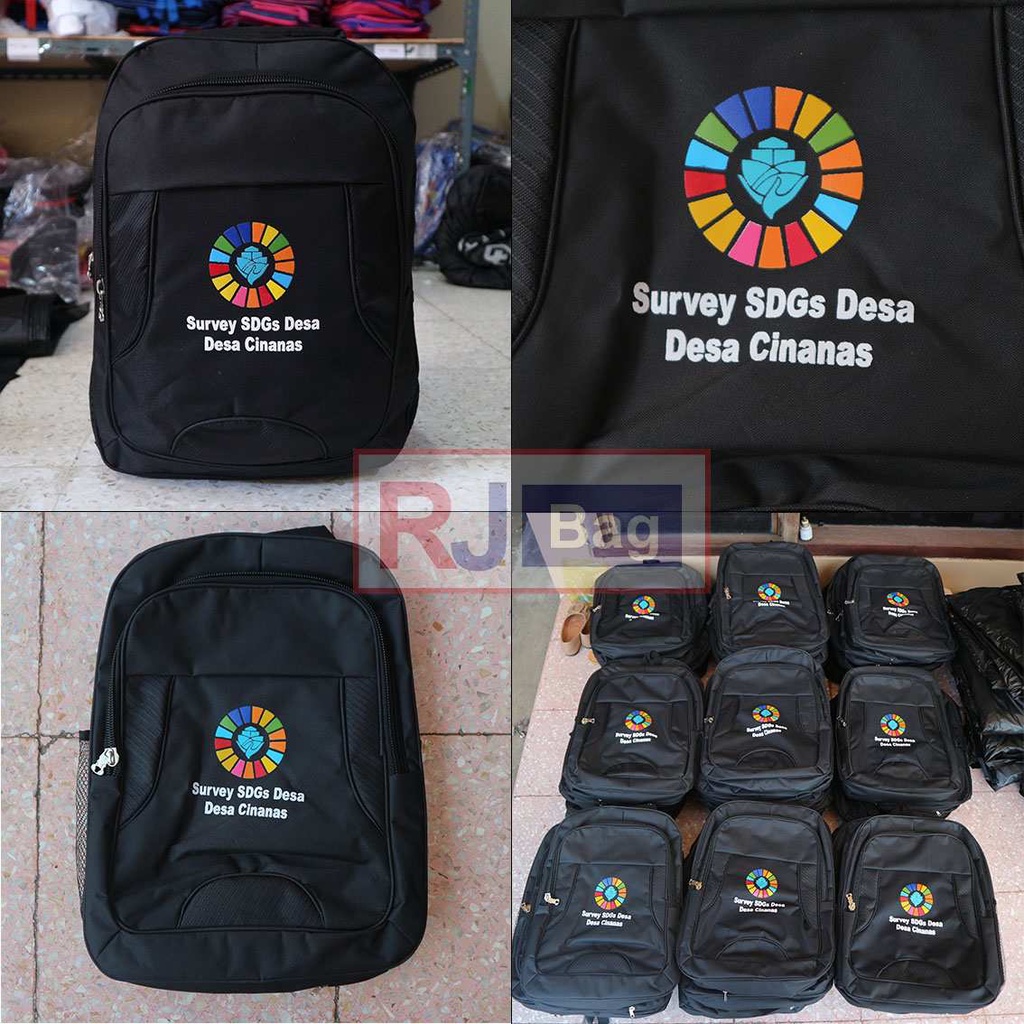 Grosir Tas Murah Backpack Pria Hitam Kerja Sablon SDGS Desa Cinanas 2021 Ransel Custom Free Raincover Paket Grosir