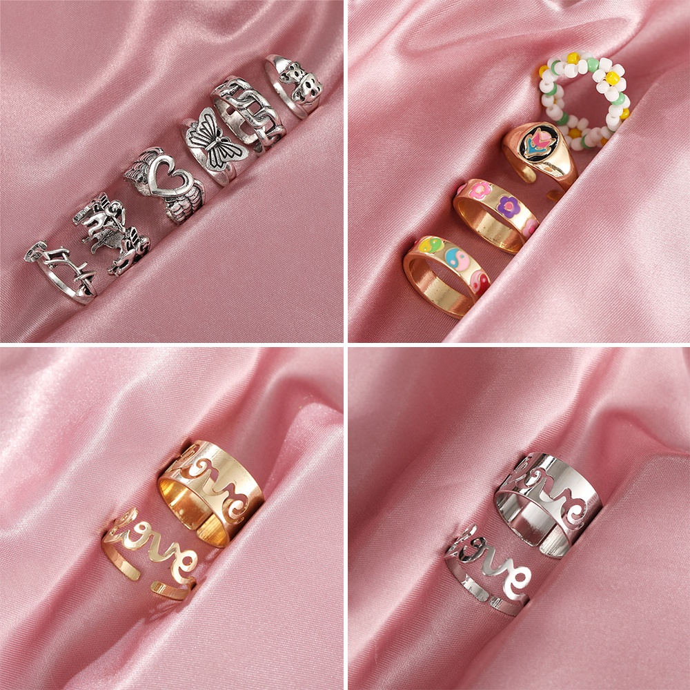 Retro Women Pearl Gold Silver Ring Set Butterfly Love Heart Finger Rings Fashion Resin Ring Jewelry Accessories