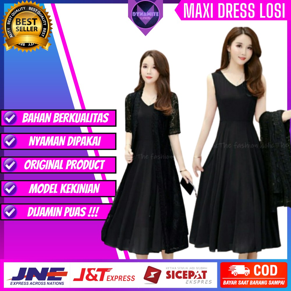 Satu Set Maxi Dress + Cardigan Dres Drees Gaun Pesta Panjang Fashion Korean Style Wanita Cewek Murah