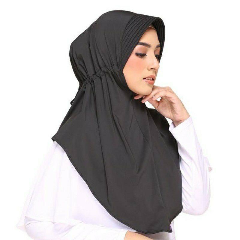Kerudung Bergo Instan Elzatta Hitam Putih Zaria Sahara Hijab Serut Belakang Jilbab Instant Polos-Hitam