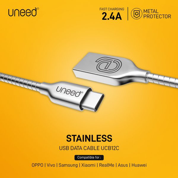Uneed Stainless Steel Kabel Data Iphone Lightning Micro Usb Type C with Fast Charging 2.4A - UCB12