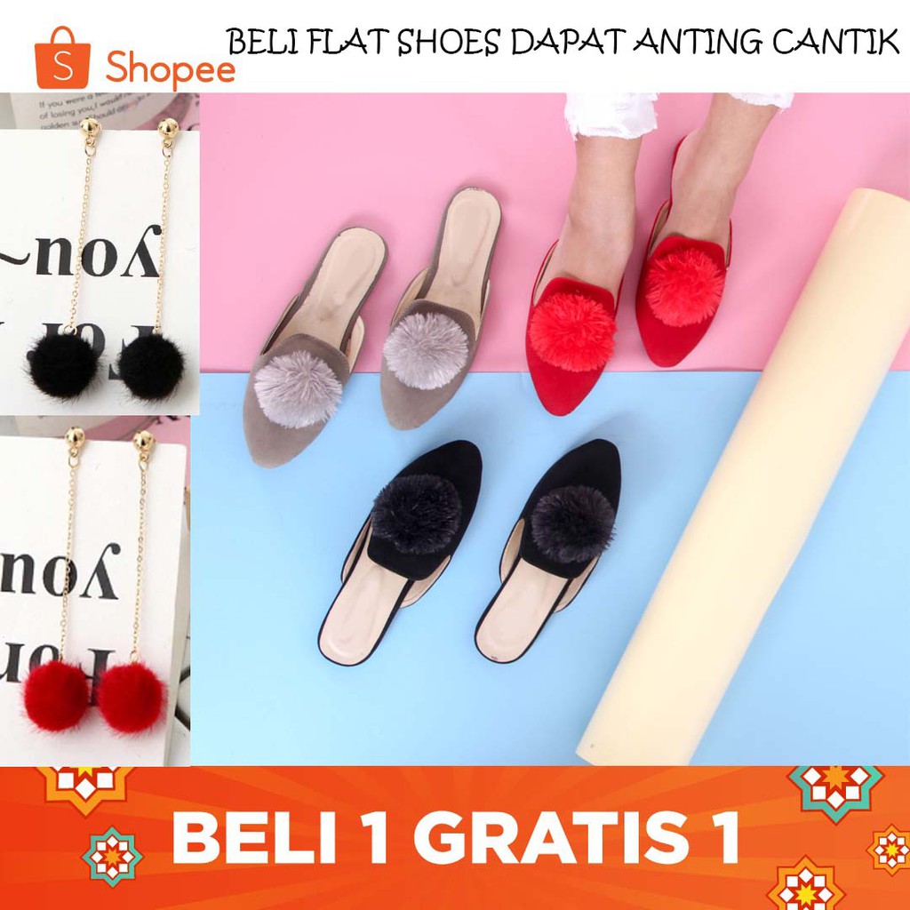 BELI 1 GRATIS 1 Flat Shoes Wanita BULU POMPOM FLAT GRATIS ANTING POMPOM