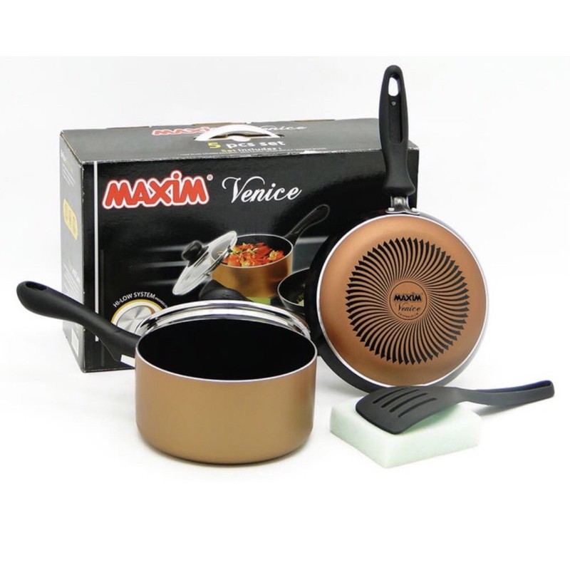 MAXIM VENICE SET WAJAN PANCI PENGGORENGAN TEFLON TUTUP KACA SPATULA SPONS
