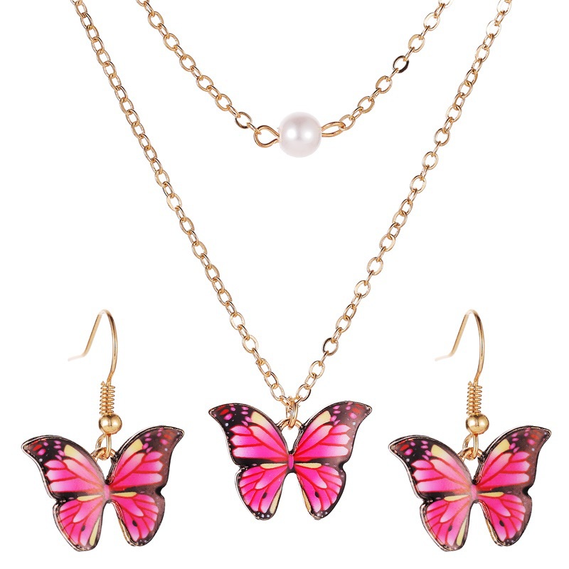 Butterfly Set Kalung Bentuk Kupu-Kupu | Anting Bentuk Kupu-Kupu Warna-Warni Aksen Mutiara Untuk Wanita Butterfly | Aksesoris Rambut Untuk Wanita