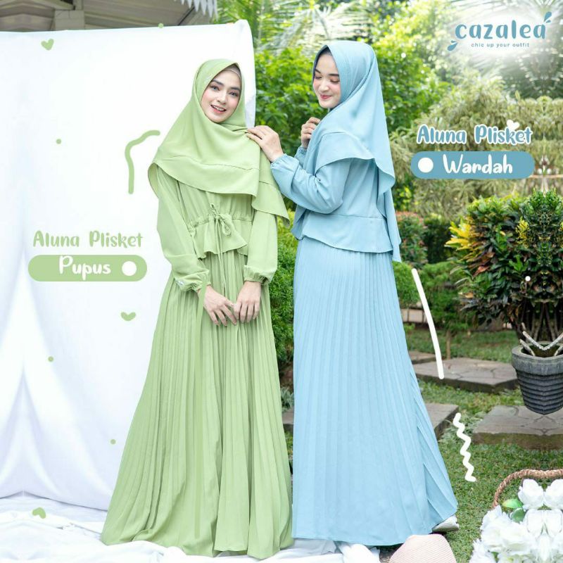 ALUNA PLISKET BY CAZALEA | Gamis Plisket Set Khimar Aksen Tali serut di Pinggang Bahan Royal Syahla 