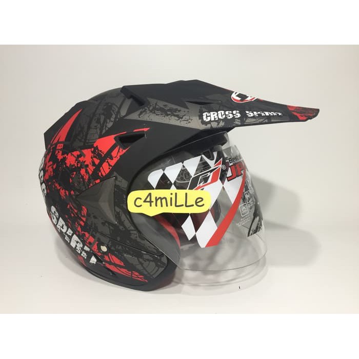 HELM JPR SPIRIT BLACK DOFF RED DOUBLE VISOR SUPERMOTO SEMI CROSS TRAIL