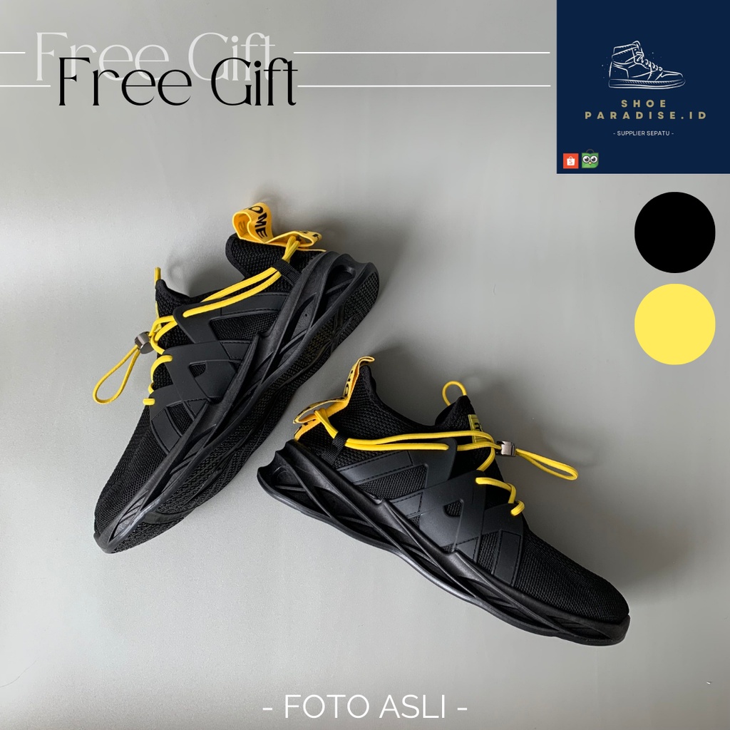 HYUNBIN - Sepatu Sport Pria Import Sneakers Hitam Kuning - Black Yellow Fashion Casual Slip On Korea