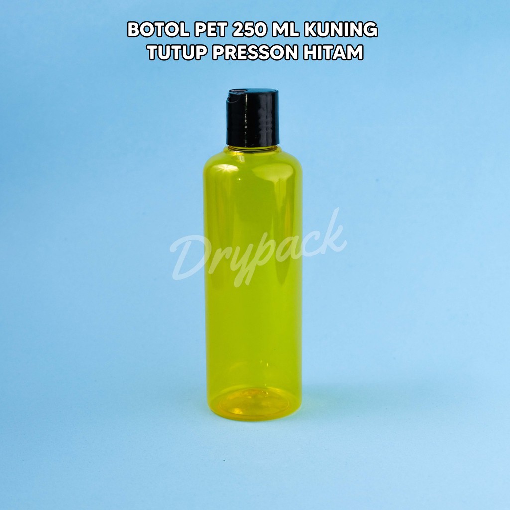 BOTOL PET 250 ML ROUND KUNING TUTUP PRESSON / PRESSTOP / DISCTOP