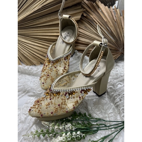 sepatu wanita wedding pesta naima gold tali 9cm tahu