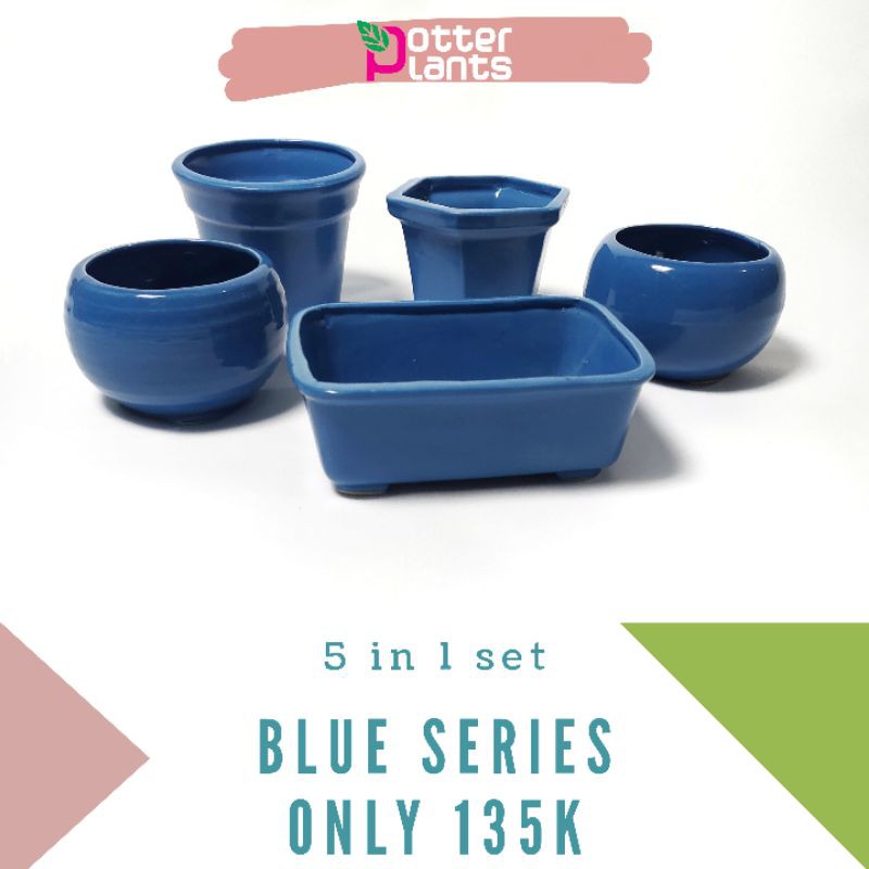 Pot Keramik isi 5 Blue Series Paket Pot Keramik Bulat Hexagonal Persegi