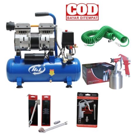 MURAH PAKET KOMPRESOR 4 ITEM HnL Kompresor Angin Listrik air Compressor 1 HP 750 WATT MESIN KOMPRESOR LISTRIK 9 L SILENT OILES GARANSI OILESS+SPRAY GUN H&amp;L F75+SELANG SPIRAL 6m LENGKAP