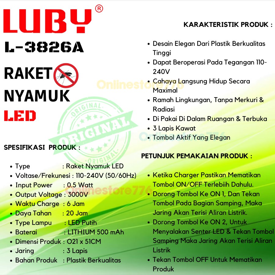 RAKET NYAMUK LUBY L3826 / RAKET NYAMUK CHARGER / RAKET NYAMUK / RAKET NYAMUK LISTRIK / L 3826