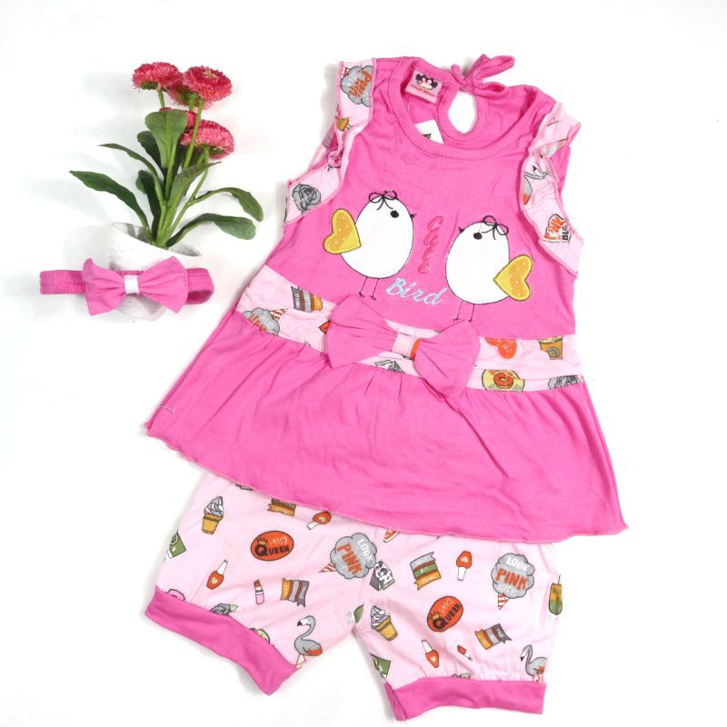 SETELAN BABY FASHION BAJU ANAK CEWEK MOTIF TWO BIRDS SR129 1 TAHUN BORBIR