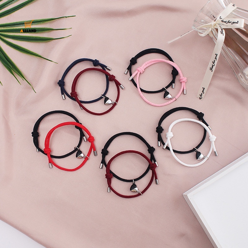 1 Pasang Gelang Tali Milan Adjustable Dengan Liontin Hati Magnet Warna Hitam Putih Untuk Pasangan