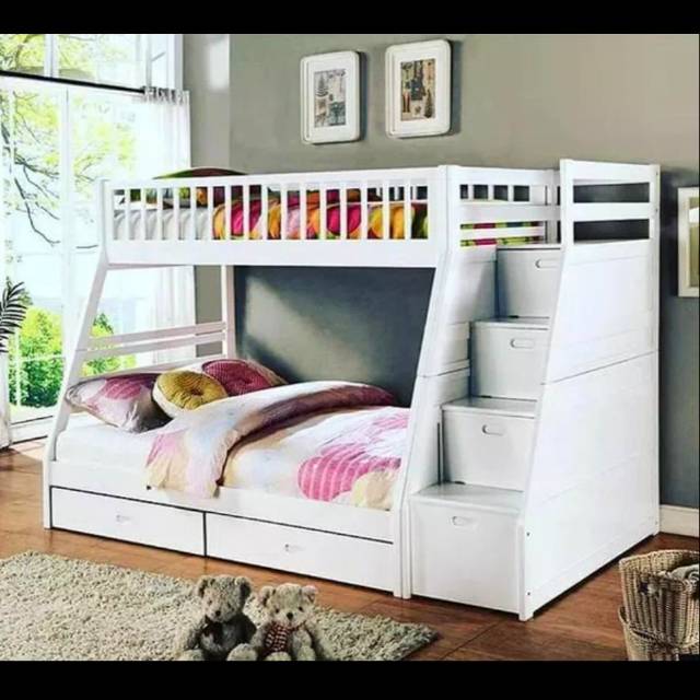 Bunkbed Anak Kayu Jati Warna Putih, Dipan Ranjang Tempat Tidur Tingkat Susun Murah