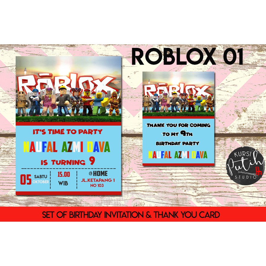 

Set birthday invitation dan thank you card tema roblox