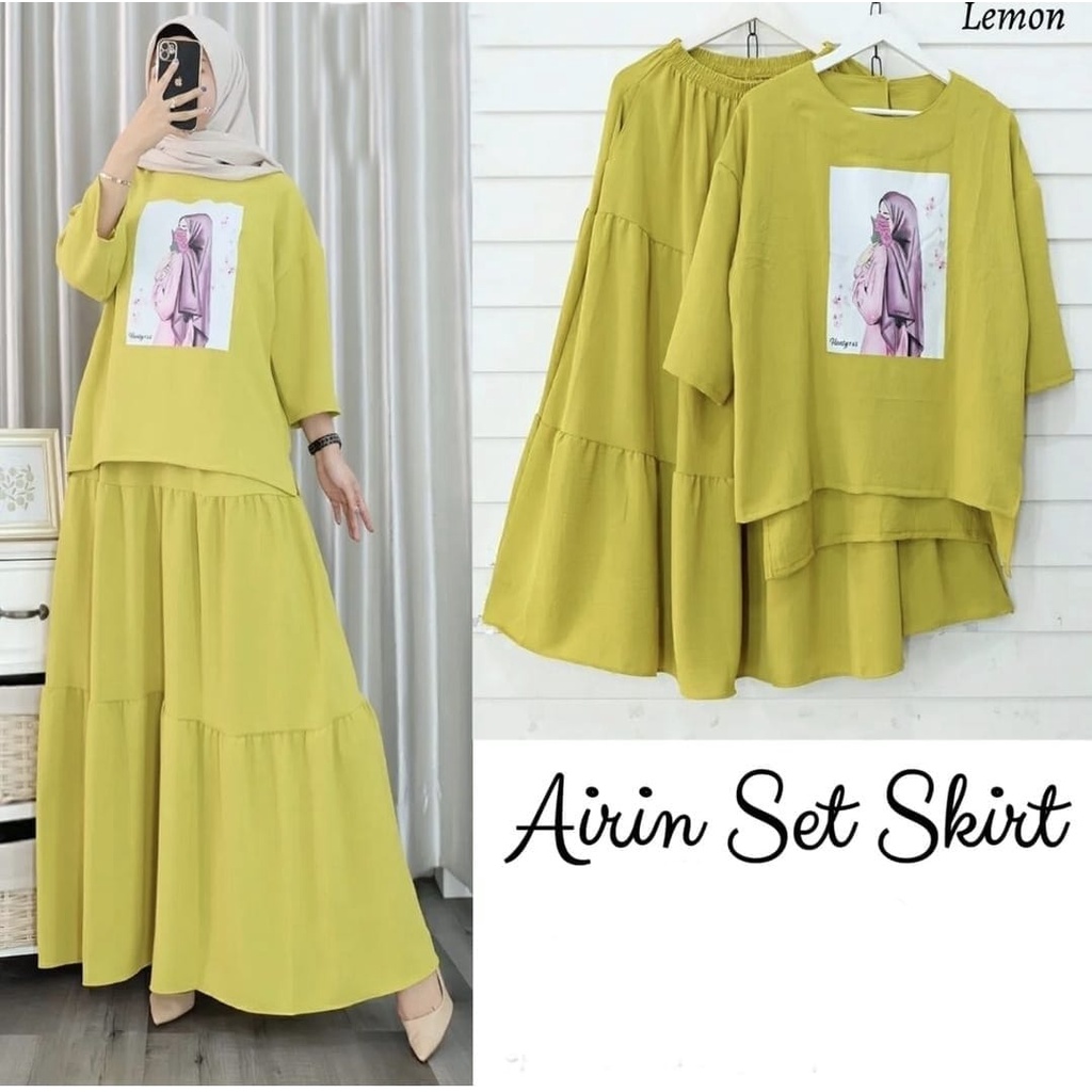 PCS SET AIRIN FASHION BUSANA SETELAN WANITA ATASAN DAN ROK BAHAN MOSCREPE MR