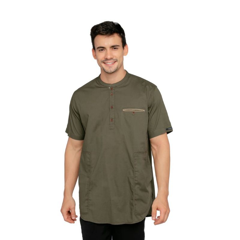 Fashion Bukittinggi Kurta Black Stone Katun Poplin Lengan Pendek Army Strip Coksu