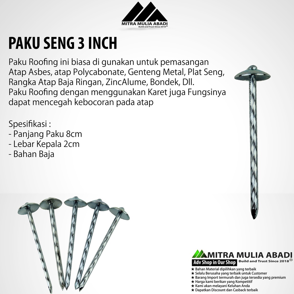 Paku Payung 3 Inch | Paku Seng | Paku Roofing  - 10 pcs