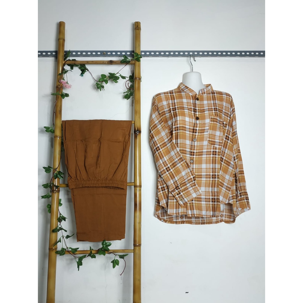 SET KEMEJA CELANA MOTIF KOTAK KOTAK SETELAN KERJA WANITA MASA KINI