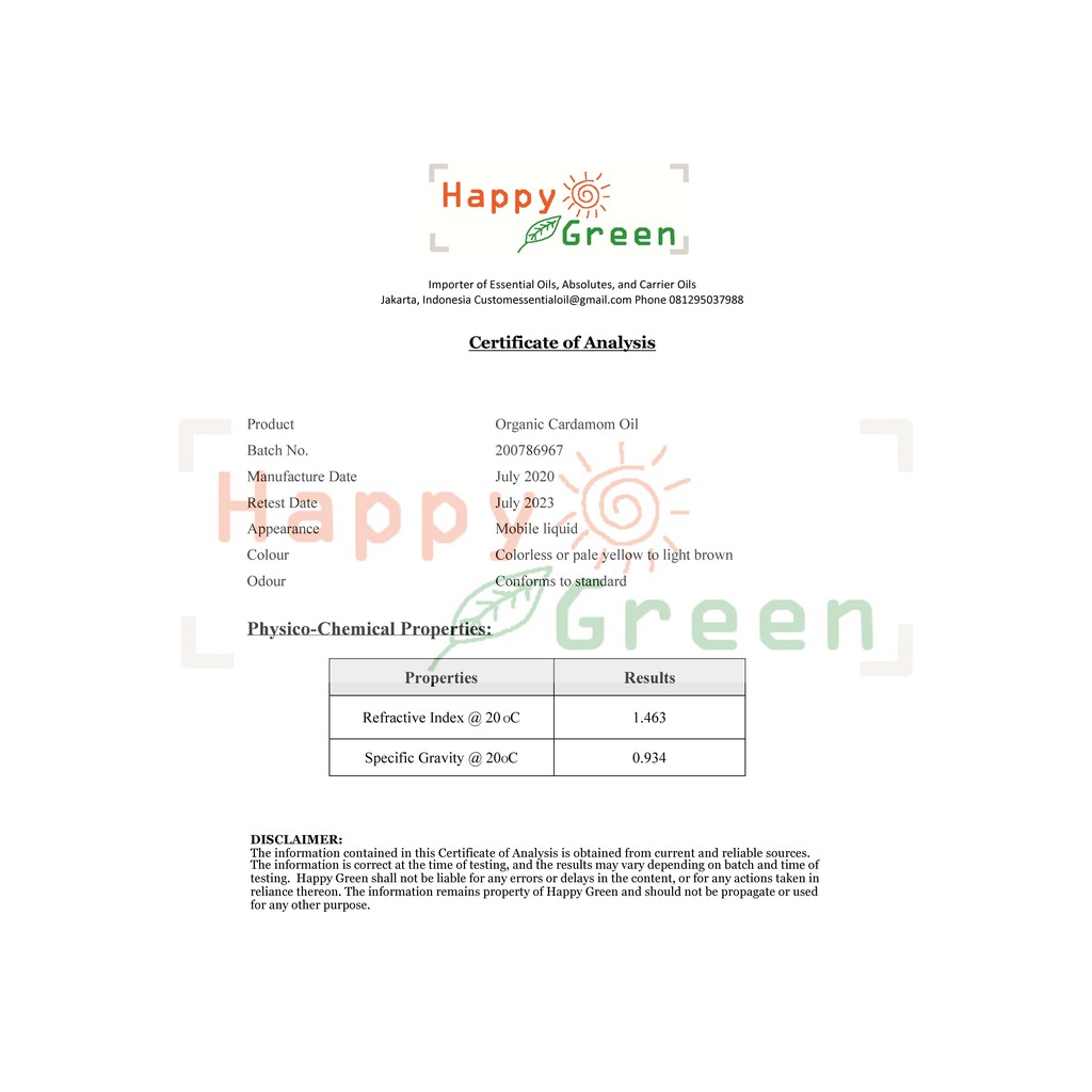 Happy Green ORGANIC Cardamom Essential Oil - Minyak Kapulaga Murni