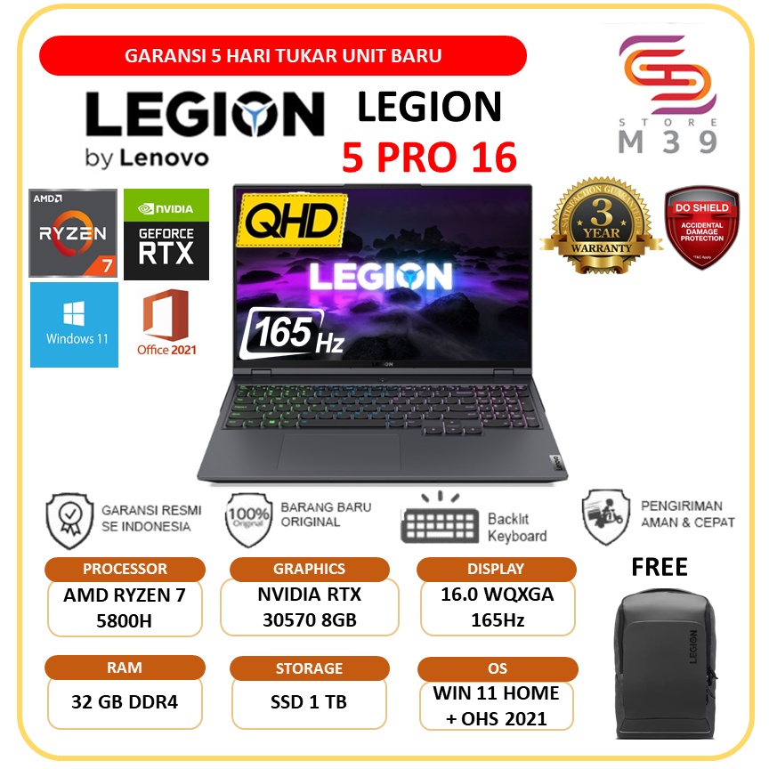 LAPTOP LENOVO LEGION 5 PRO 16 RYZEN 7 5800H RAM 32GB SSD 1TB RTX3070 8GB W11+OHS 16.0WQXGA 165HZ 4ZRGB MS 3YR+3ADP