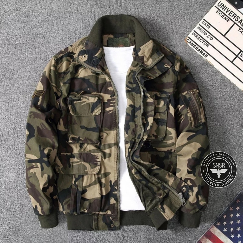 TURUN HARGA ! Jaket Pria Bomber Camo Army Original Brand Sensor Cotton Kanvas Premium M L XL