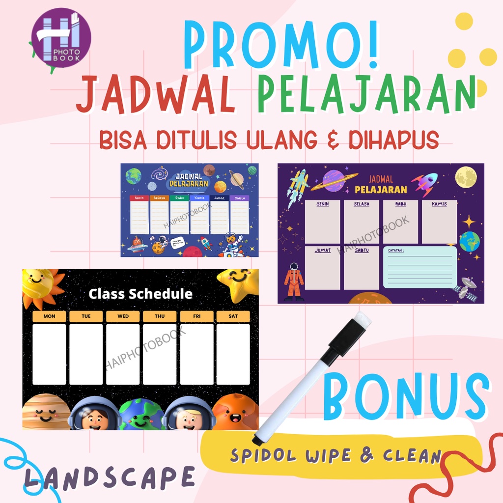 

JADWAL PELAJARAN ANAK / SCHOOL TIMETABLE / POSTER PELAJARAN / WiPE & CLEAN UKURAN BESAR A3+ Landscape