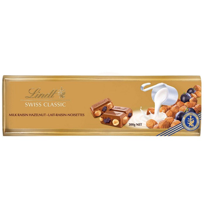 

Lindt Swiss Premium Chocolate Bar Milk Raisin Hazelnut Coklat Cokelat Cacao Cocoa Snack Cemilan Yum