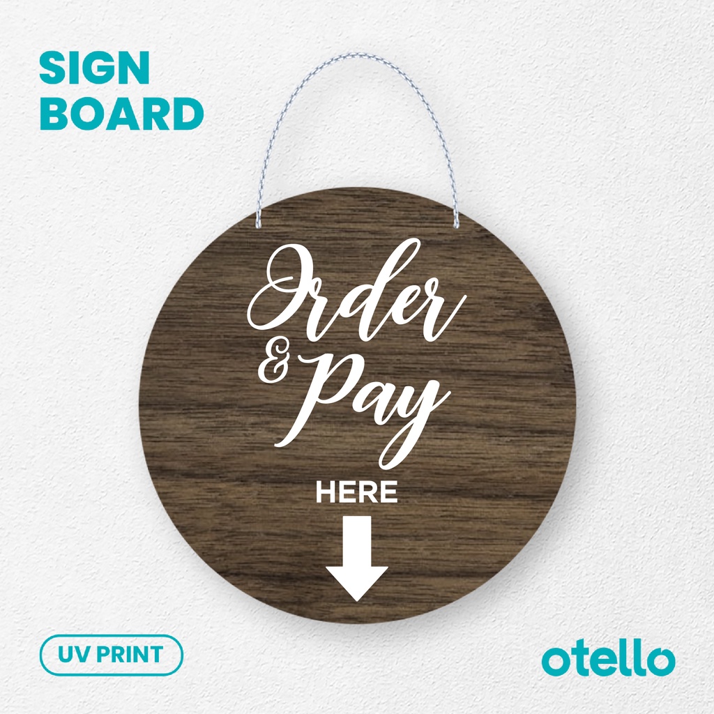 Otello - Papan Tulisan Order &amp; Pay Here Sign Board Kayu Wooden Signage Print Gantung Rantai Toko Cafe Restoran Label Dinding