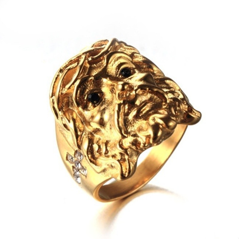 Men's Hip Hop Stainless Steel Cross Diamond Jesus Head Ring Jewelry