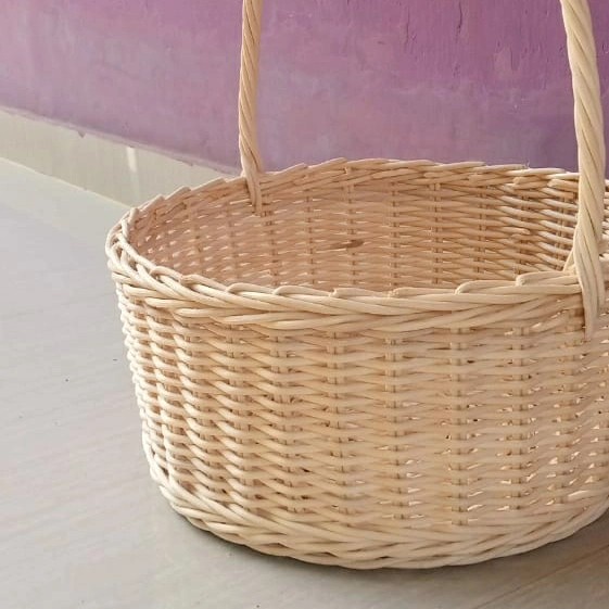 keranjang rotan bulat tengtengan parcel seserahan sovenir tabur bunga pemakaman penyimpanan barang murah  32x32x15 cm