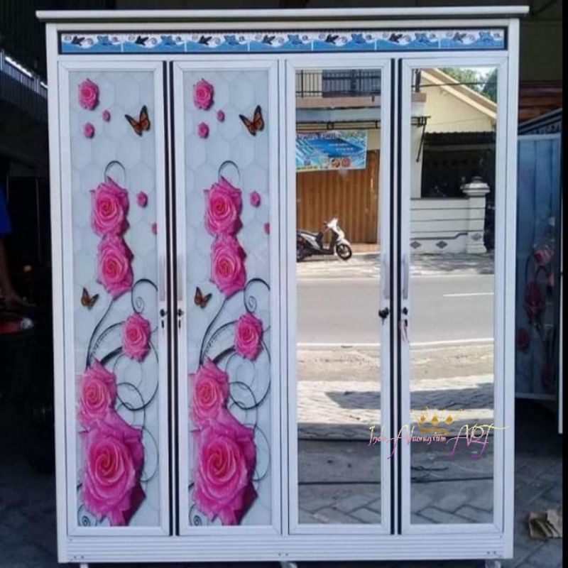 Almari / Lemari Pakaian Baju  Pintu 4 Kaca Motif Bunga Bahan Alumunium