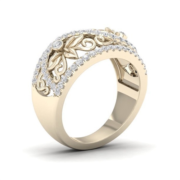 Cincin retro Gaya Eropa / Amerika Bentuk Bunga + Daun Aksen hollow + Berlian Imitasi Untuk Wanita