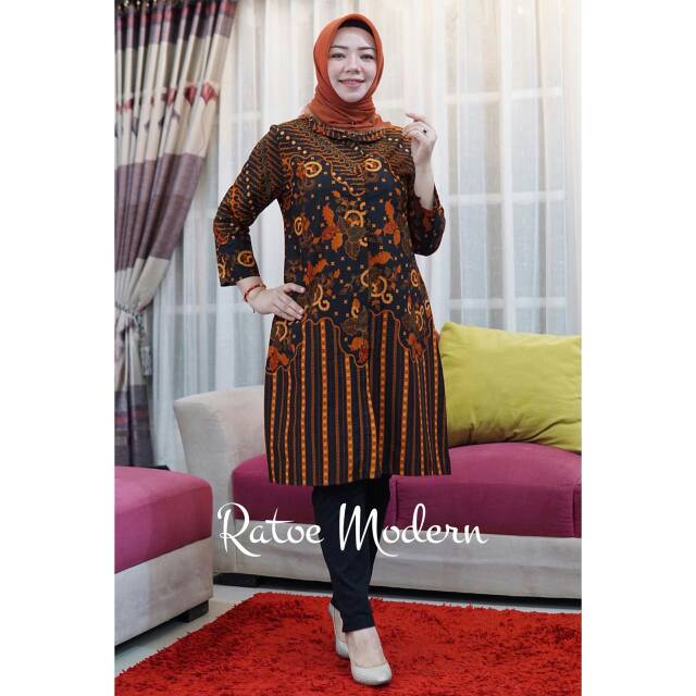 Tunik Batik Kode 603 Kancing Depan Krah Dk Tangan 7/8 Bhn Katun Batik Zaitun By Ratoe Modern