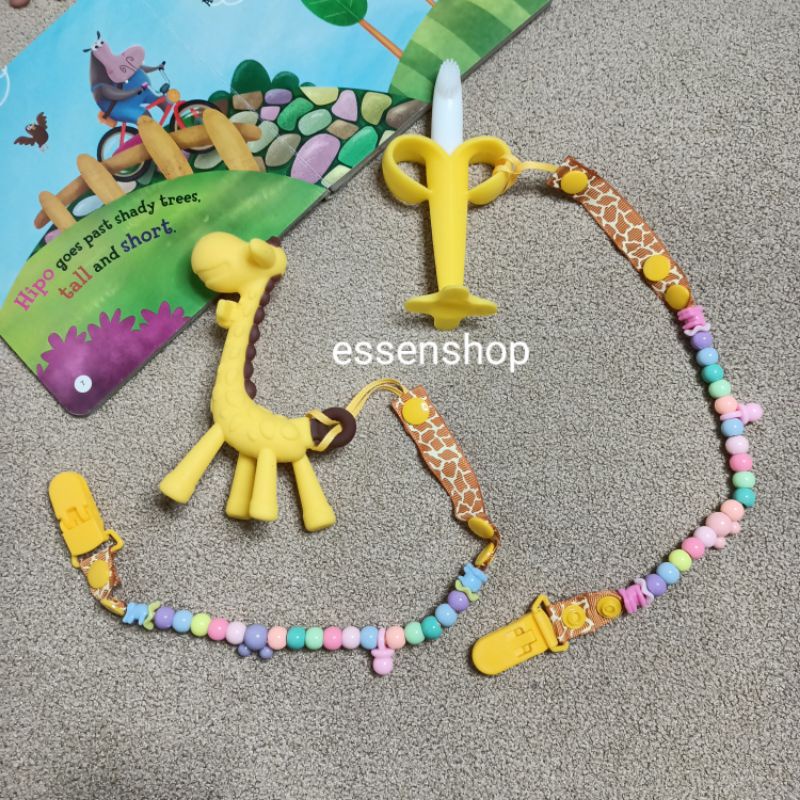 YELLOW Teether Jerapah Giraffe Banana Pisang mainan gigitan bayi tali klip empeng