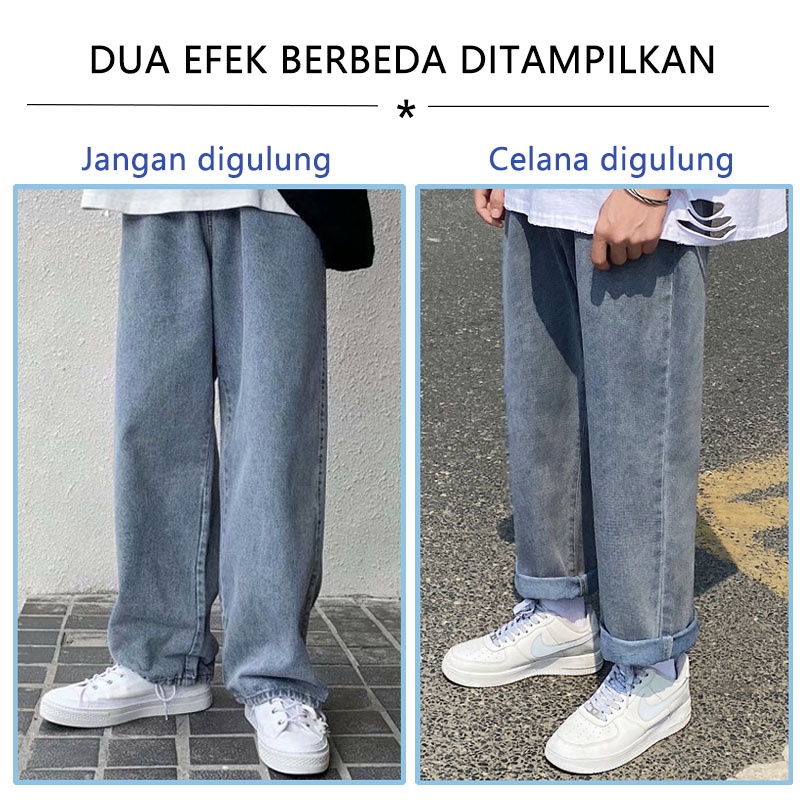 Celana jeans panjang pria Celana kulot pria jeans  Korea panjang outfit remaja biru longgar pria jeans Tidak memudar tidak ada pilling