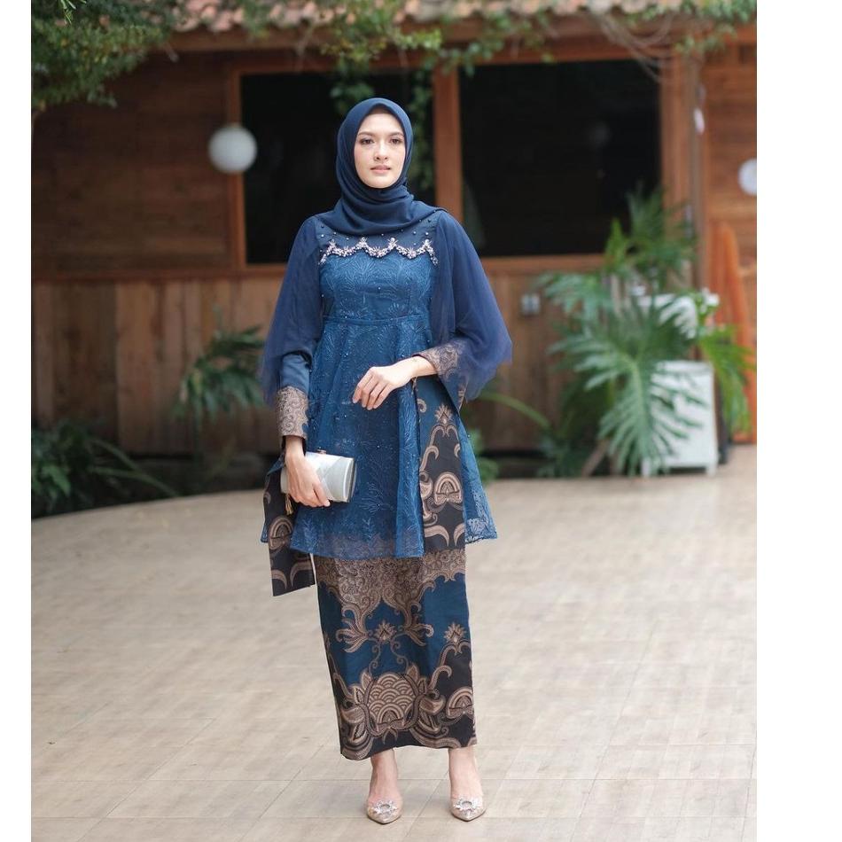 Terlaris.. Set Kebaya Batik Couple Luna Warna Navy Kebaya Modern Wisuda Tunangan Lamaran