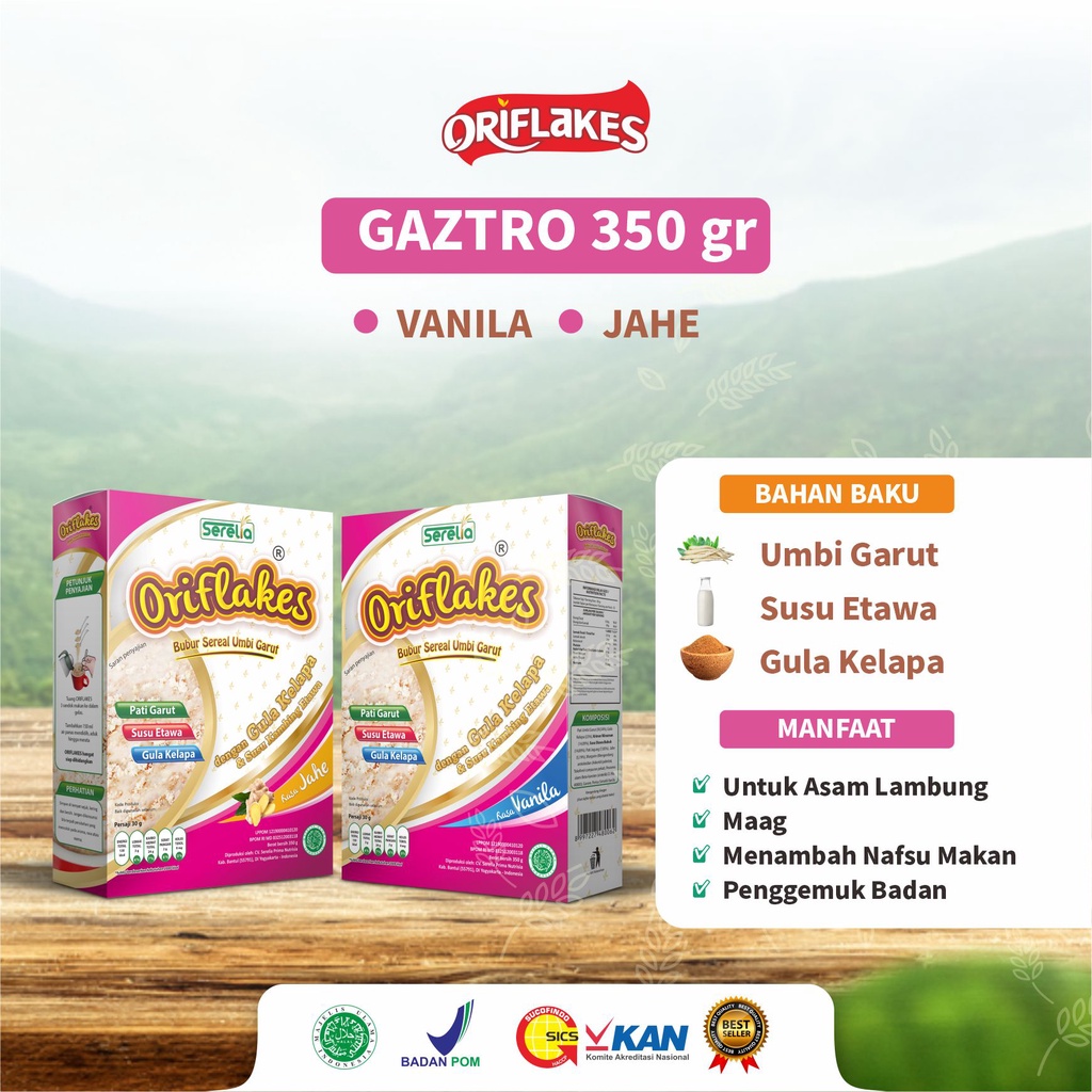 

PAKET 2 BOX-Oriflakes sereal umbi garut gaztro 350 gram solusi maag asam lambung gerd