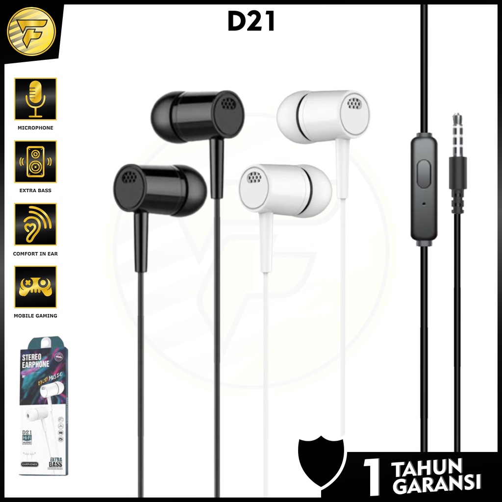 Earphone D21 original stereo bass music telfon headset mic