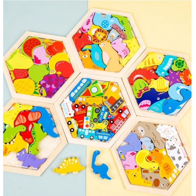 Mainan Edukasi Montessori Anak Puzzle Kayu Hexagonal