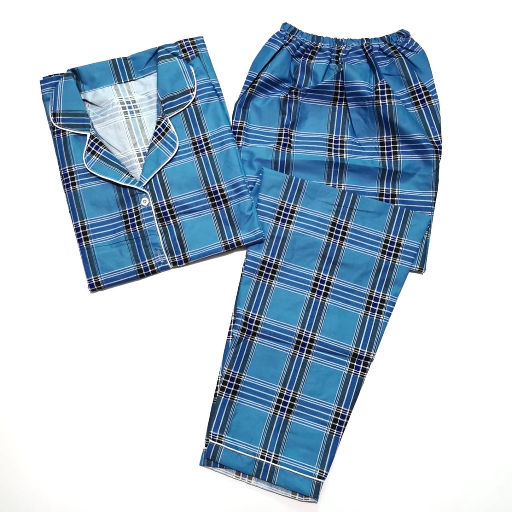 PIYAMA DEWASA JUMBO CP LD 120 cm big size lengan pendek celana panjang lucu-BB kotak Blue CPJ