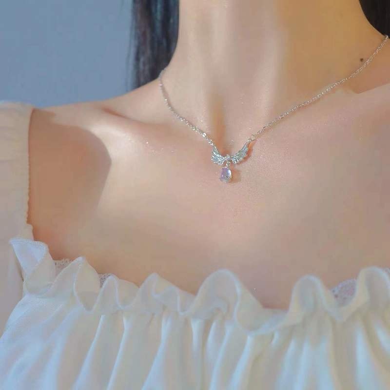 Kalung Rantai Liontin Sayap Malaikat Bahan Alloy Hias Kristal Imitasi Ala Korea Untuk Wanita