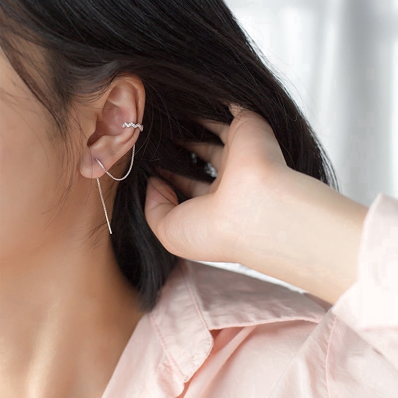 1pc Anting Klip Telinga Wanita Model Rumbai Gelombang Hias Berlian